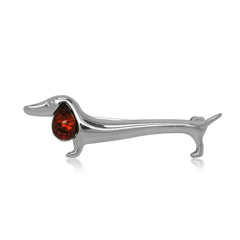 gemstone studded brooches -Silver &  Amber Cute Dachshound  Brooch - Goldmajor