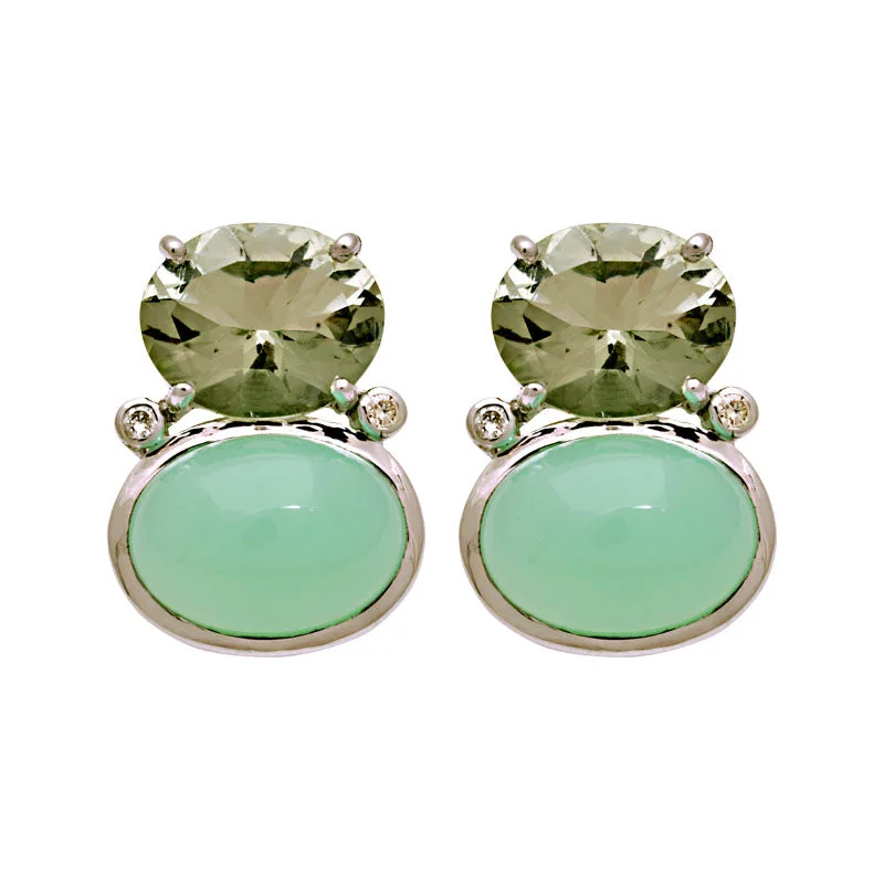 diamond stud earrings for women -Earrings-Green Quartz, Chrysoprase and Diamond