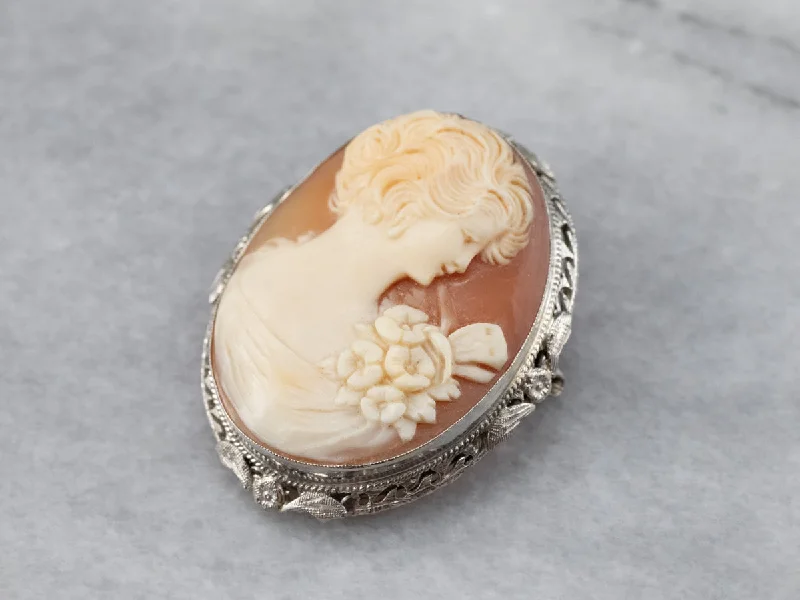 fancy brooches for women -Art Deco Cameo White Gold Brooch Pendant