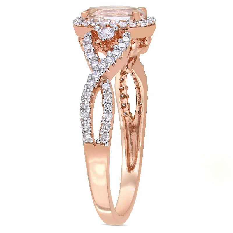 luxury rings for women -Miadora 3/4ct TGW Morganite, White Sapphire and 1/3ct TDW Diamond Halo Crossover Ring in 10k Rose Gold