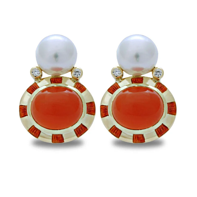 women's gold earrings -Earrings-Cornelian, South Sea Pearl and Diamond (Enamel)