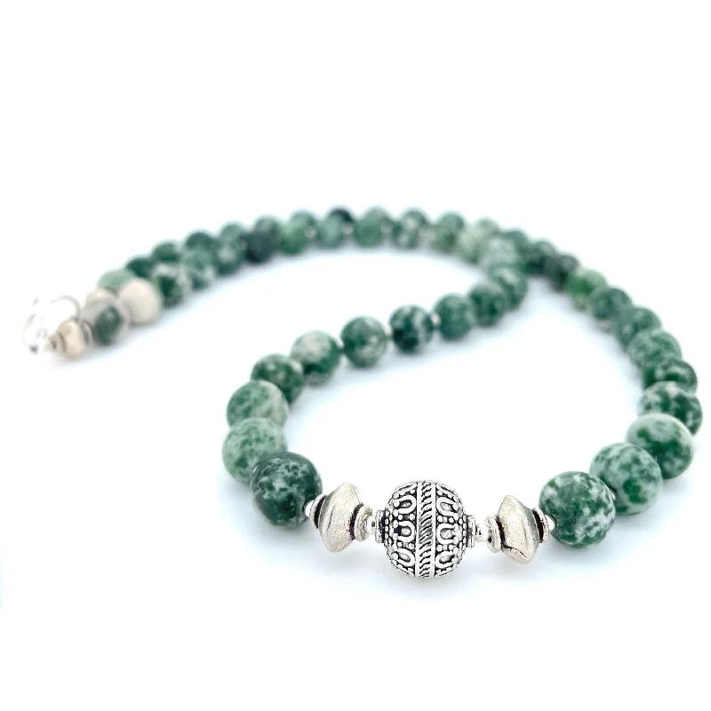 bohemian necklaces for women -SHORT Greenspot Jasper & Silver BEADED NECKLACE