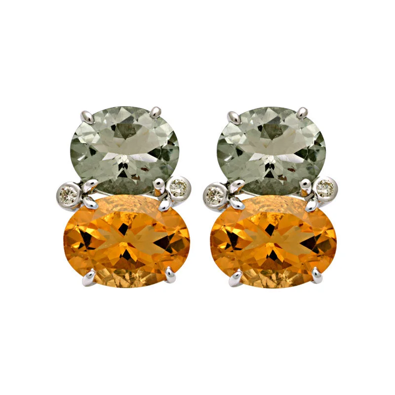 crystal stud earrings for women -Earrings-Green Quartz, Citrine and Diamond