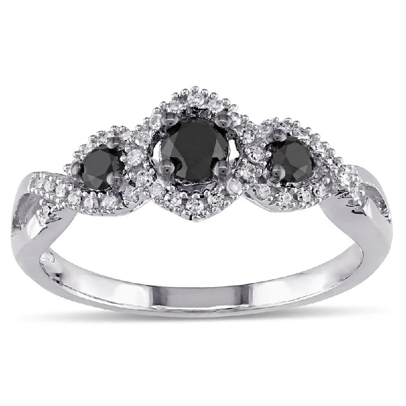 gold plated rings for women -Miadora 1/2 CT Black and White Diamond 3 Stone Ring with 10k White Gold Band