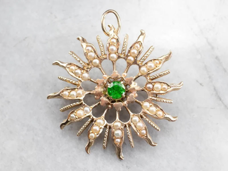 bridal bouquet brooches -Antique Demantoid Garnet and Seed Pearl Brooch