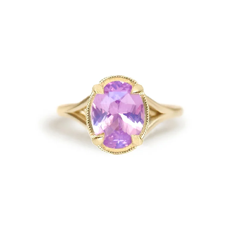 luxury rings for women -Oval Split Shank Opalescent Pink Sapphire Solitaire Ring