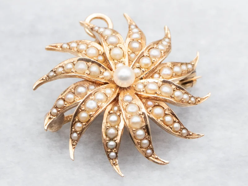 enamel brooches for women -Victorian Seed Pearl Starburst Brooch or Pendant