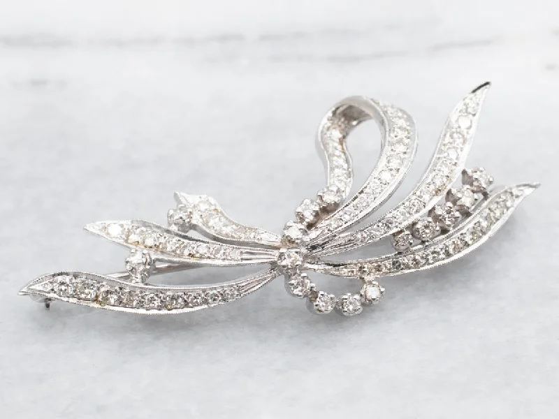 sterling silver brooches for women -Retro 1950's Diamond Encrusted Ribbon Brooch